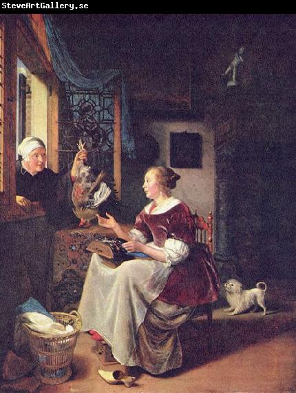 Pieter Cornelisz. van Slingelandt A young lacemaker is interrupted by a birdseller who offers her ware through the window